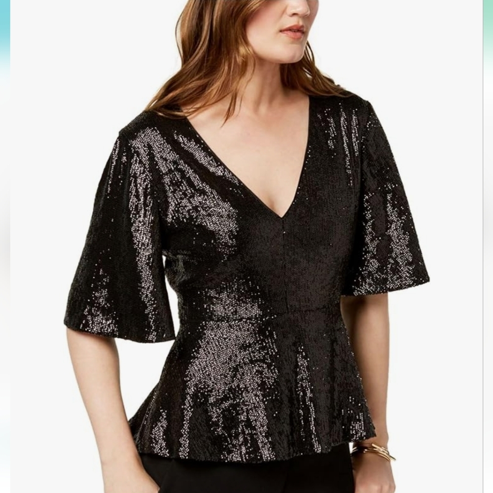 NWT Rachel Zoe Short Sleeve Evening Black Sequin Peplum Blouse 2